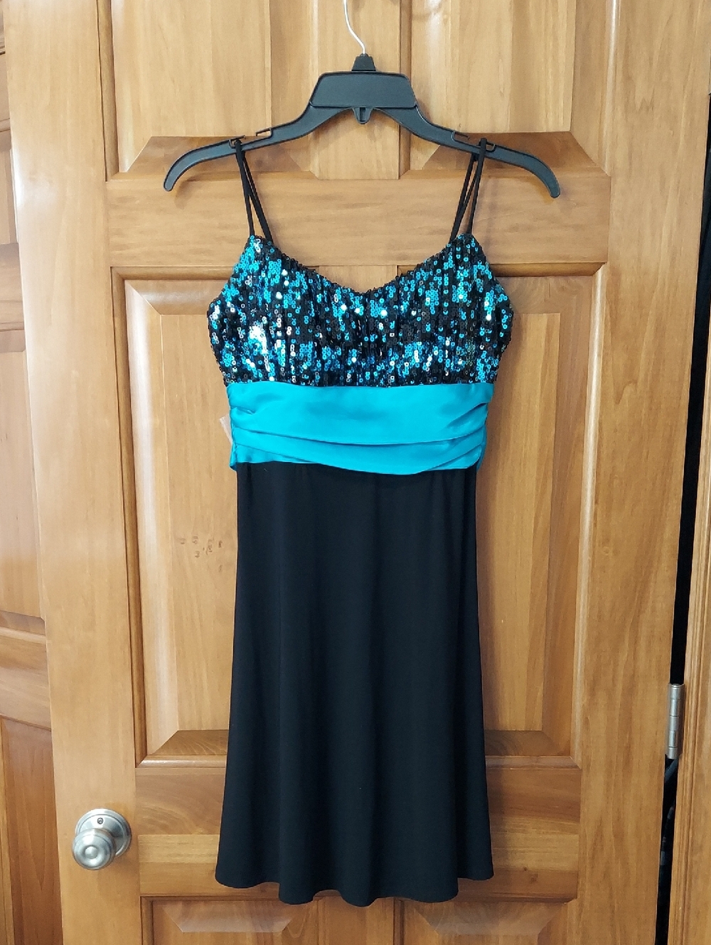 B. Smart Black Midi Dress with Turquoise Sequin Bodice Adjustable Straps Size 9